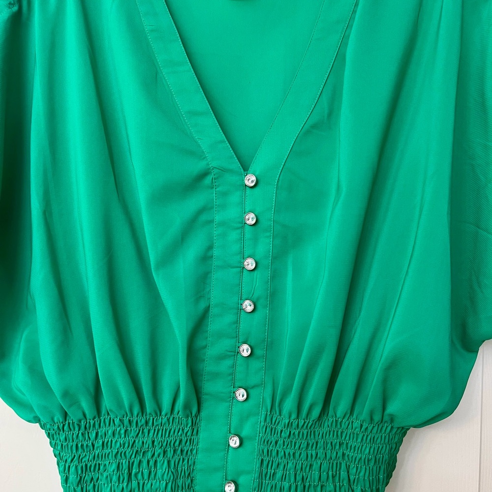 Body Central Green Smocked Buttoned Blouse